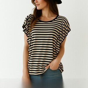 Laura Black and Tan Striped T-Shirt women’s size XL, Flutter sleeve